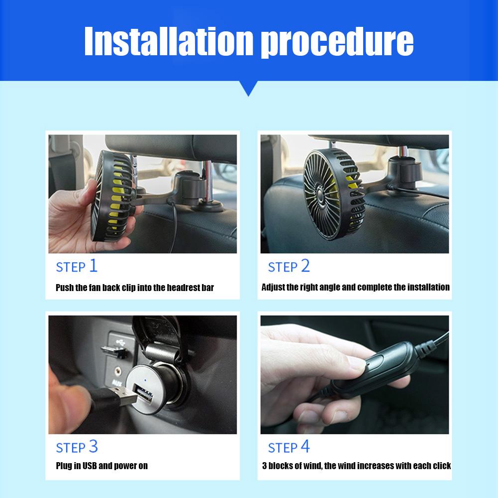 USB Car Cooling Fan 3 Speeds Car Seat Headrest Fan 360 Rotatable Cooling Backseat Fan Summer Accessories for Sedan SUS RV Truck
