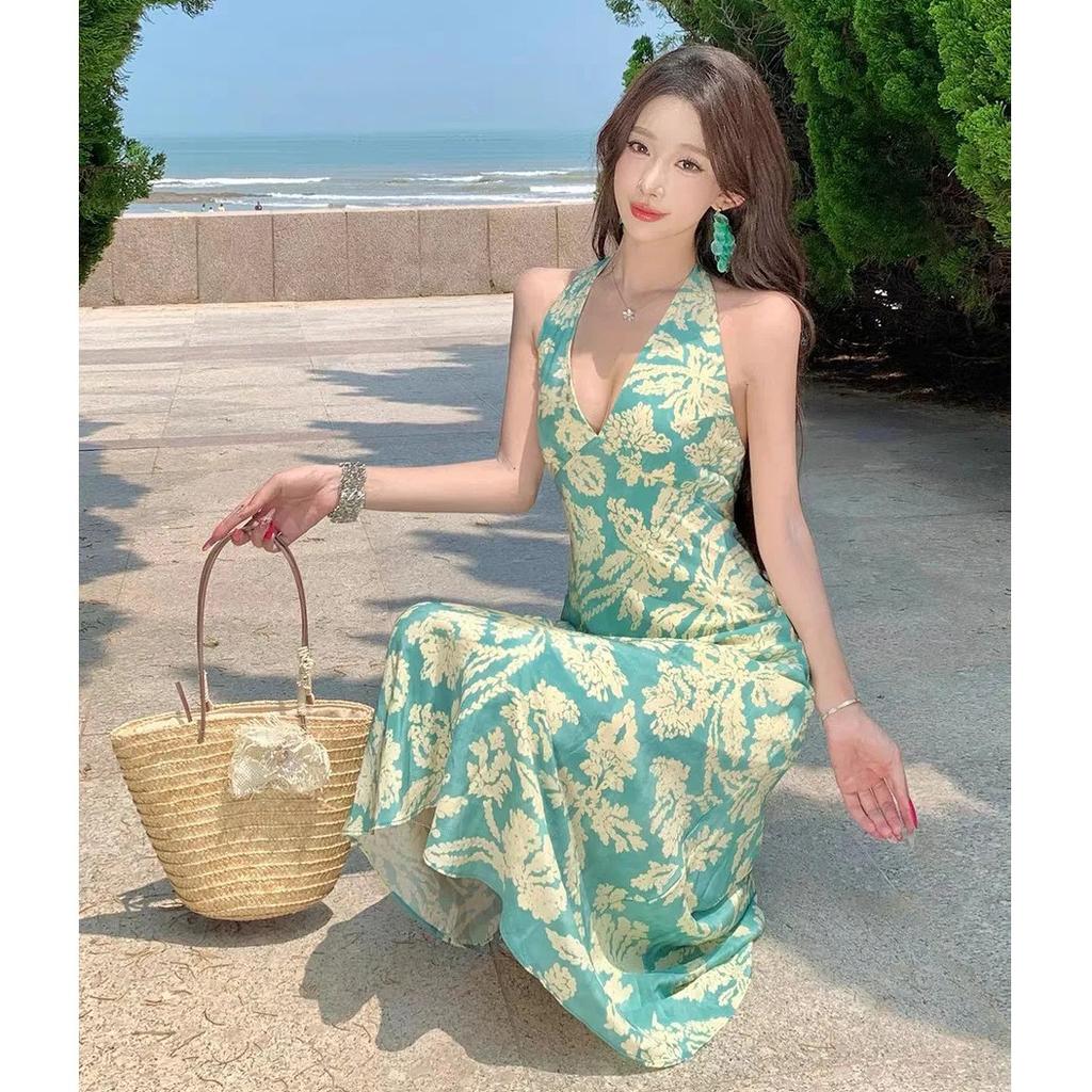 Beautiful beach dress seaside vacation French sleeveless neck waist blue neck collar dress halter dress women