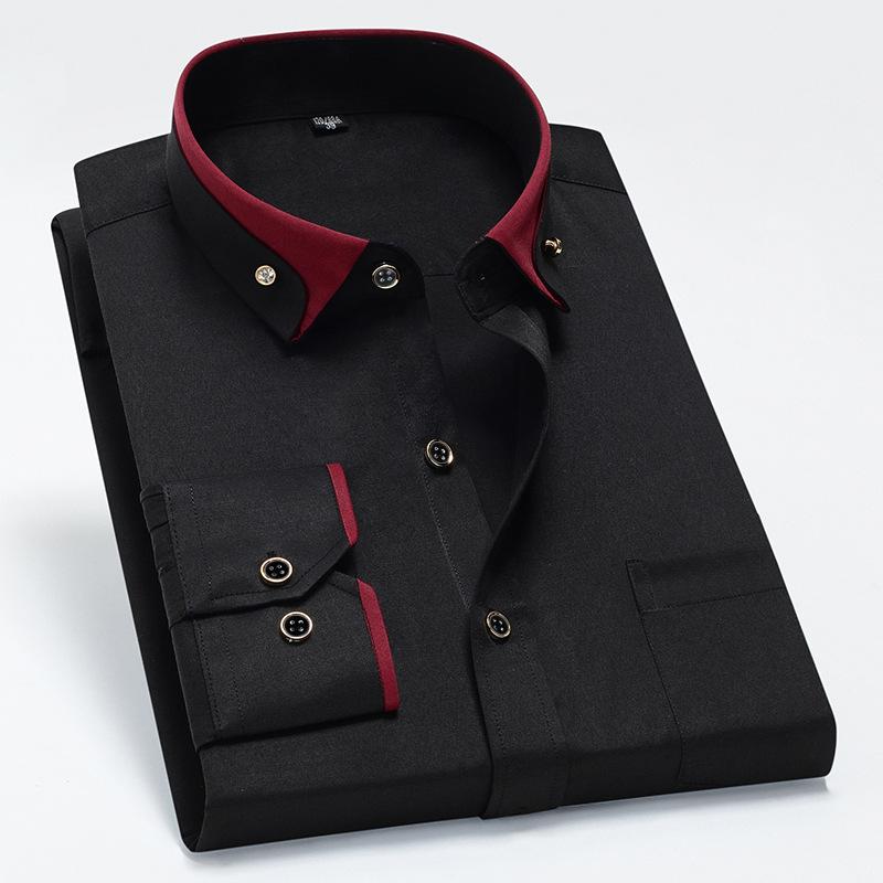 Men's Color-Block Collar Long Sleeve Dress Shirt with Crystal Buttons, Lapel Collar, Fashionable Business Casual Cardigan, Wrinkle-Free Stretch Shirt