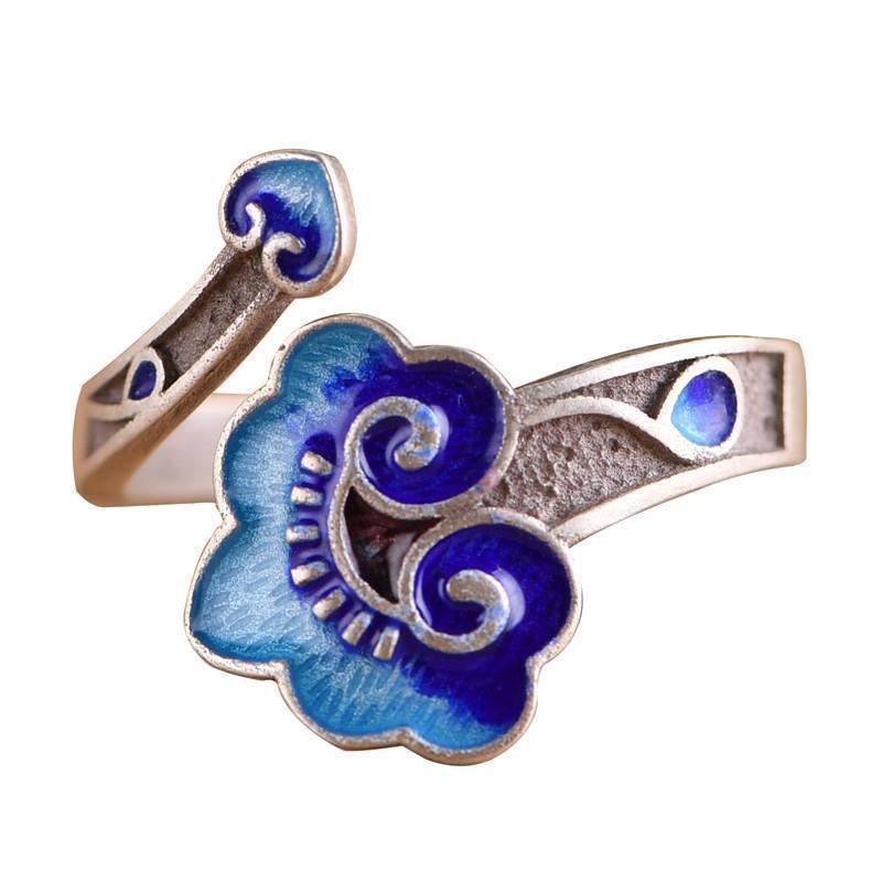 Women's Retro Blue Auspicious Clouds Ruyi Enamel Open Ring
