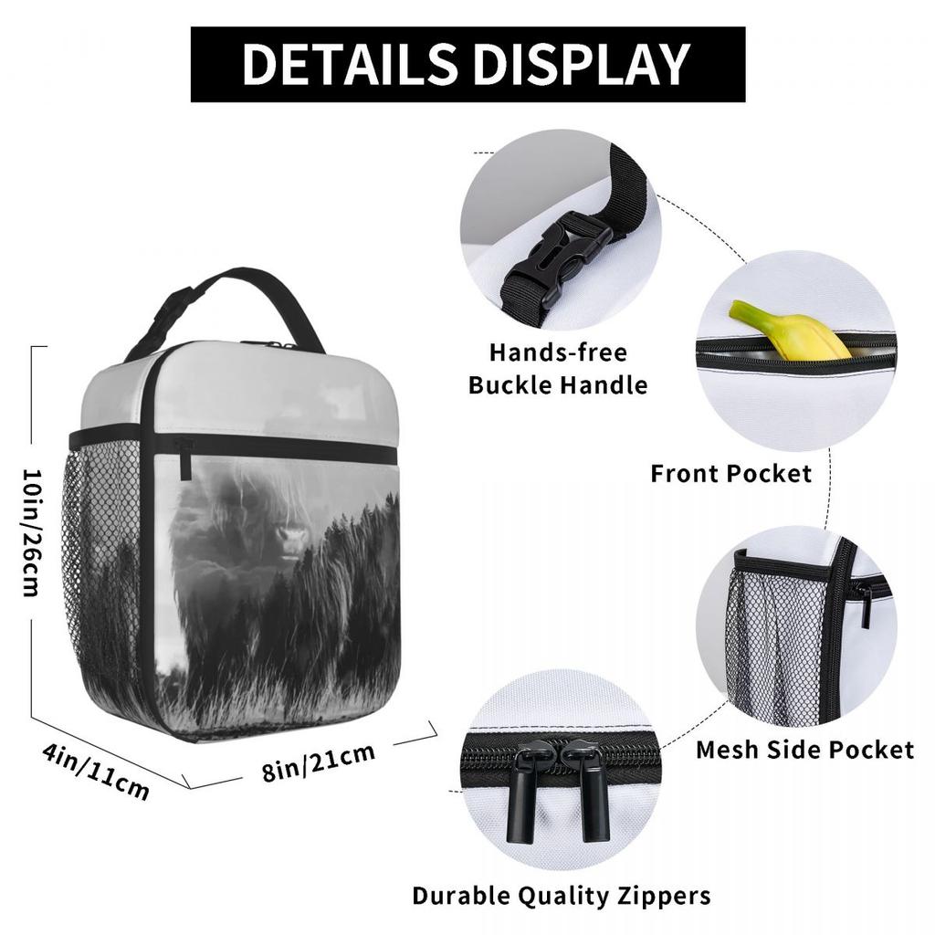 Grey Highland Yak Pattern Insulated Lunch Bag for Women Children Portable Food Boxes Thermal Lunch Box Tote