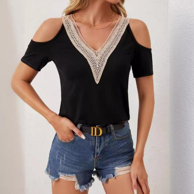 Summer Elegant Lace V-neck Applique Sleeves with Hollow Out Short Sleeves Loose Slimming Solid Color T-shirt Top T-Shirts Women’s