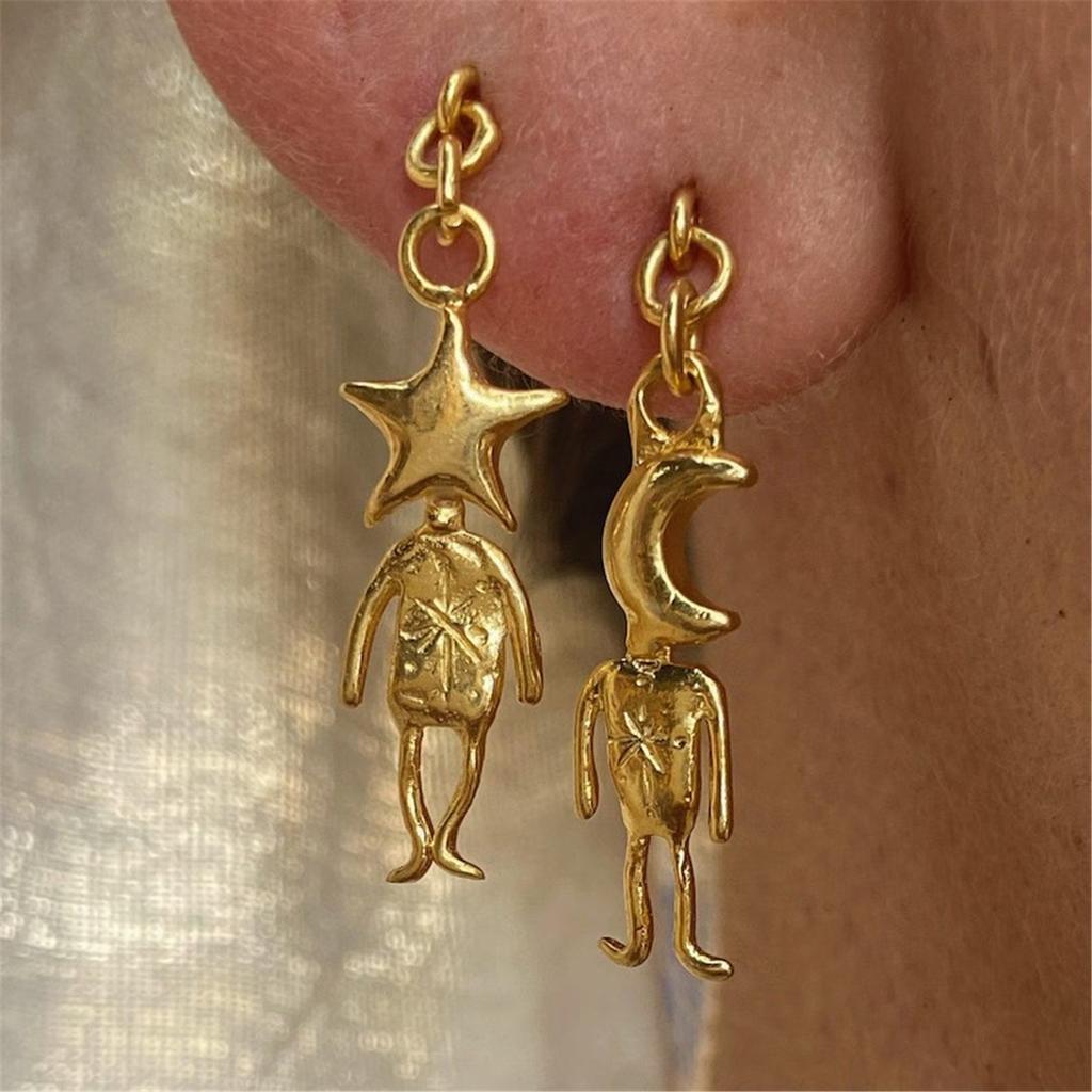 1 Pair Versatile Bohemian Earrings with Moon and Star Carved Pendant Design for Stylish Women Fashion Dangle Ear Studs