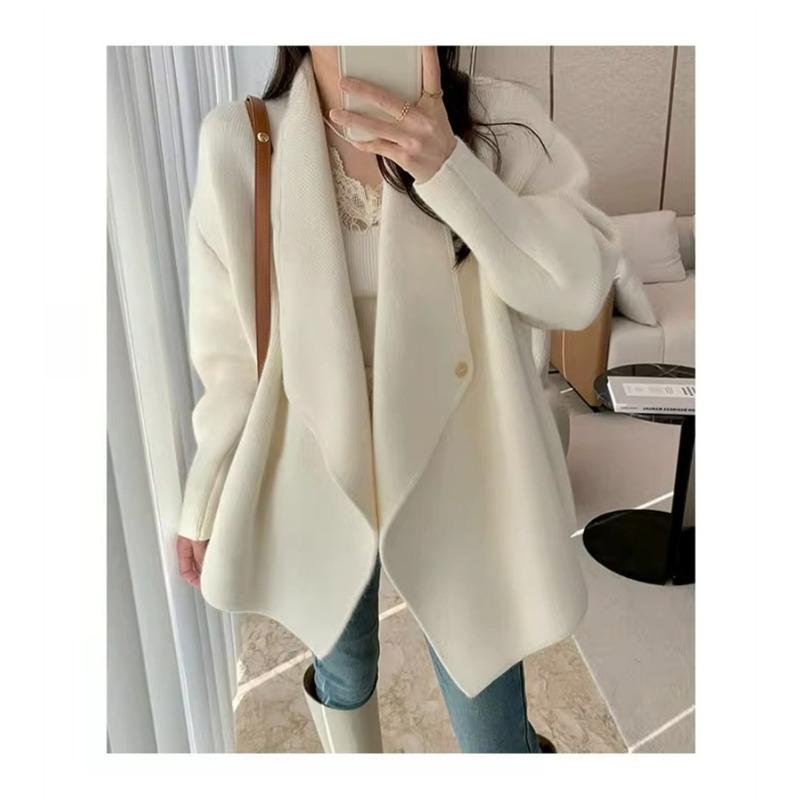 Temperament gentle lapel knitted cardigan top women's solid color loose and thin long-sleeved sweater jacket thick