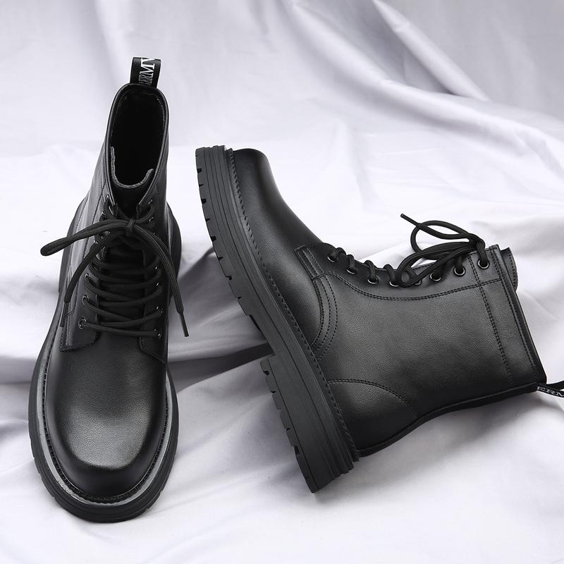 New Casual Leather Mens High Top Shoes Classic Motorcycle Boots British Style Mid-Calf Ankle Boots Thick Bottom Male Basic Boots