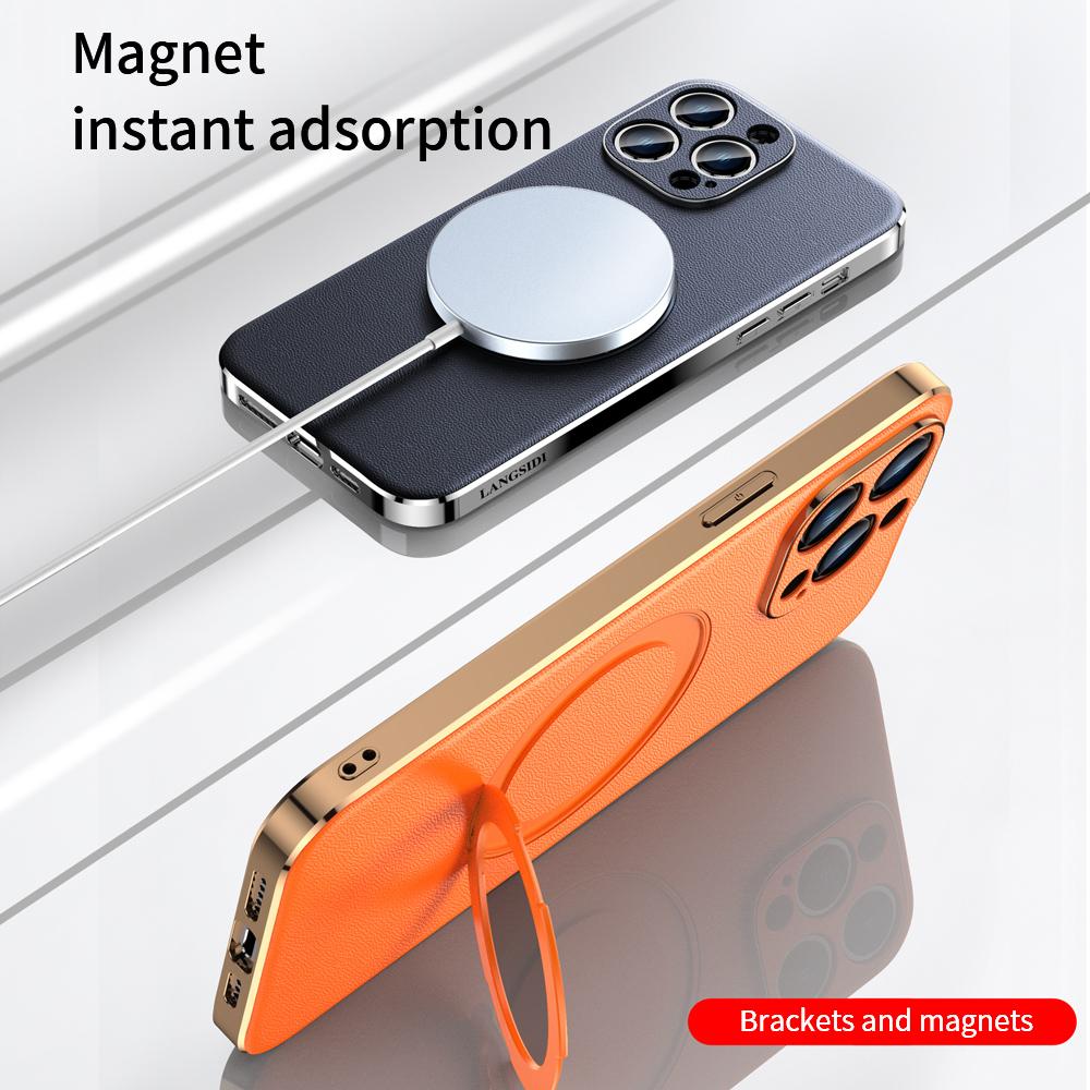 Genuine Leather for Magsafe Phone Case for iPhone 16 14 12 13 15 Pro Max 16Pro Luxury Lens Protection Magnetic Holder Back Cover
