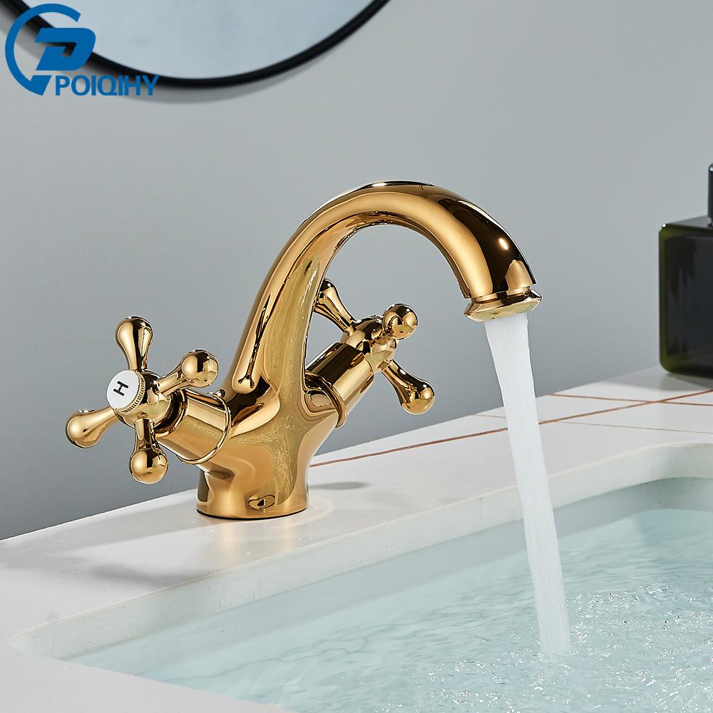 

POIQIHY Antique Faucet Bathroom faucet Mixer in the bathroom washbasin taps mixer with two handles Deck Mounted Hot Cold Water золотистый
