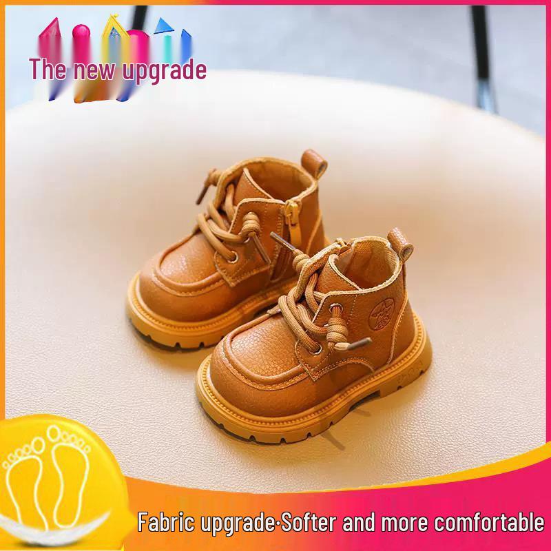 Children's Yellow Leather Martin Boots: Soft Sole Autumn/Winter Toddler Walking Shoes for Boys and Girls.