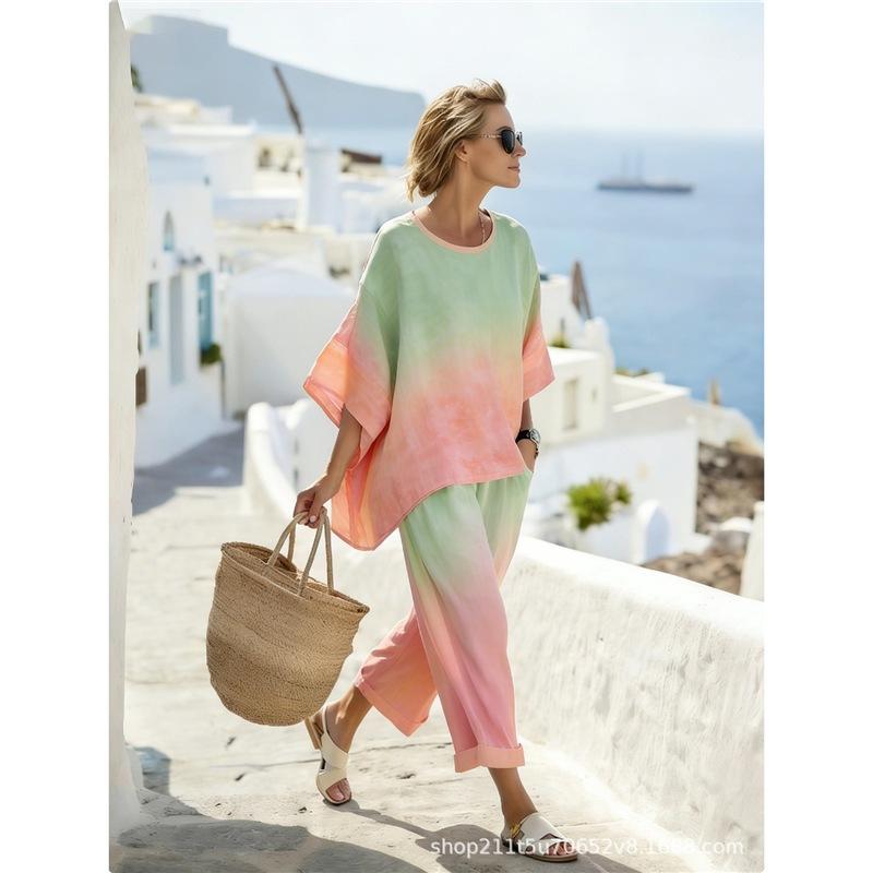 New set 1116 women's round neck gradual change printing casual suit holiday loungewear two-piece set