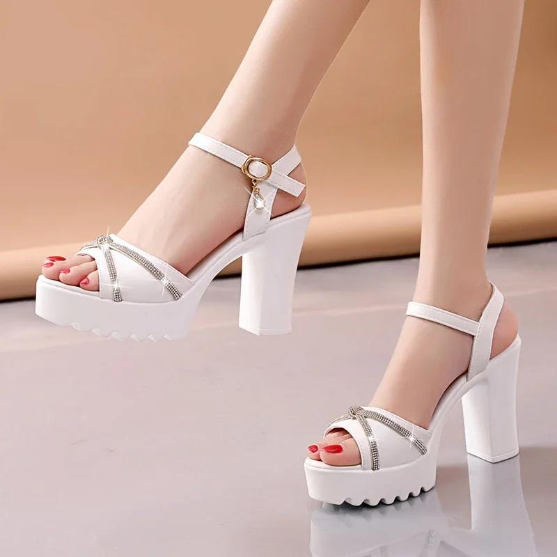 Sandals for Women Summer 2026 Block Heel Ladies Shoes Wedge with Platform Waterproof Footwear Chunky Super-high Beige