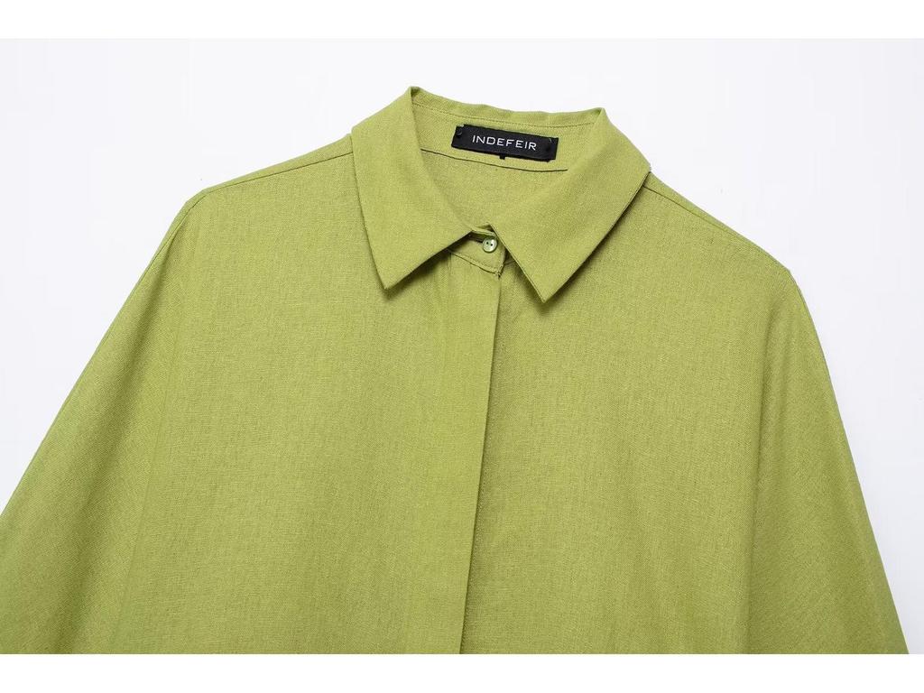 Damski zestaw lniany w stylu europejskim i amerykańskim: koszula z szerokimi rękawami i spodnie z prostymi nogawkami na gumce