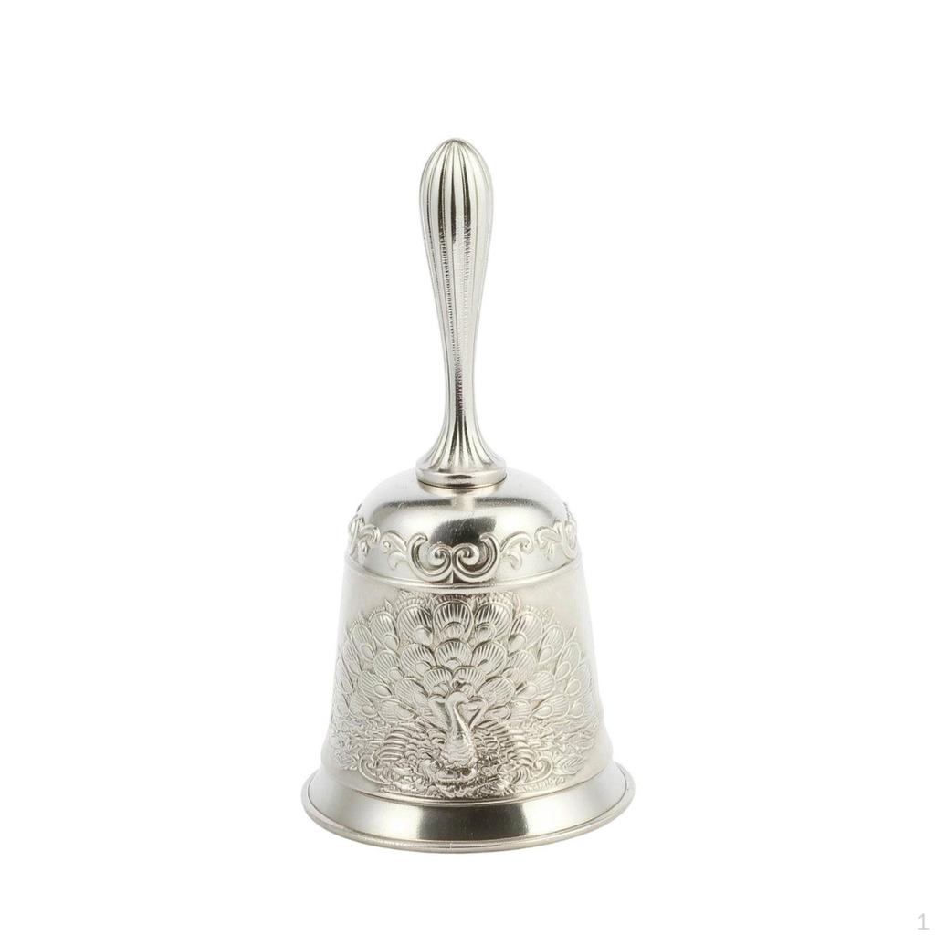 Hand Bell with Peacock Motif Embossed Metal Ornate Handbell for Collectors, Teachers, Home