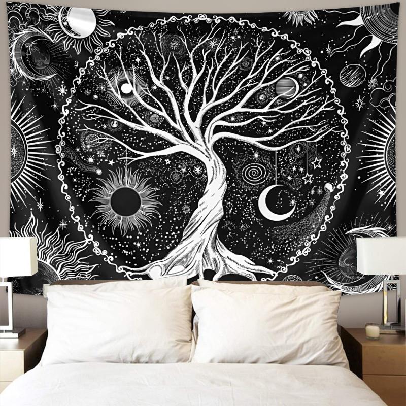 1pc Tree of Life tapestry wall hanging, sun, moon, stars black and white tapestry, Milky Way wall tapestry