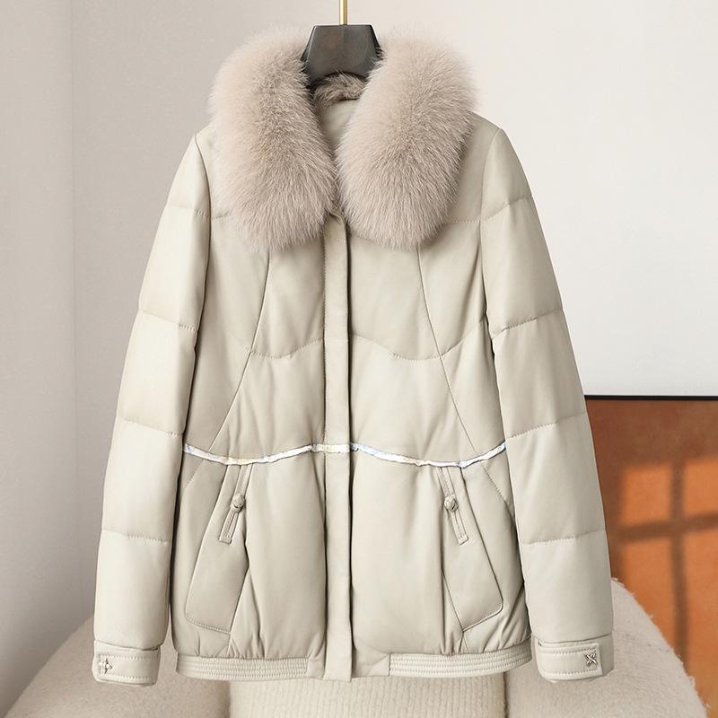 

Women s 2024 Winter Leather Down Jacket with Fox Fur Collar Extra Extra Large
