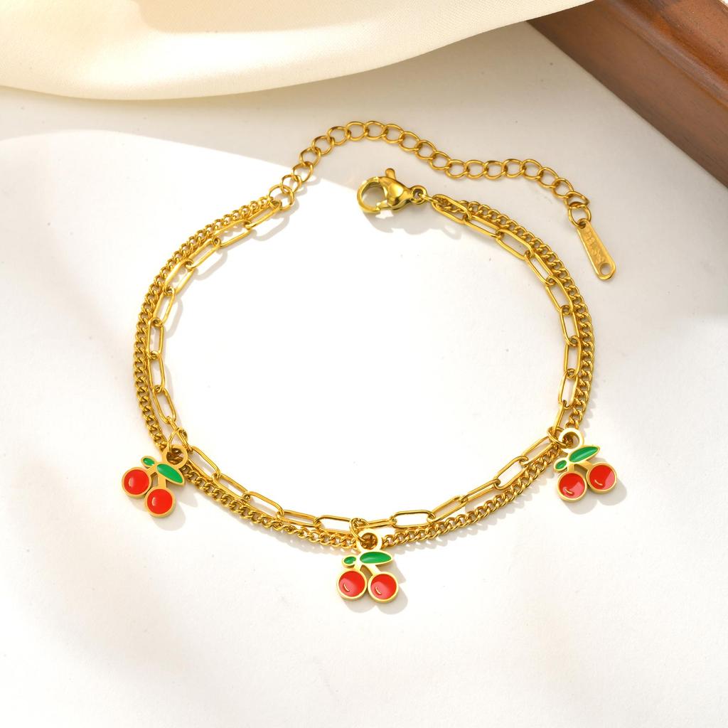 Dainty Double-layer Strawberry Cherry Accessories Bracelet,Women's Stainless Steel Gold Plated Bracelets,Cute Jewelry Gift