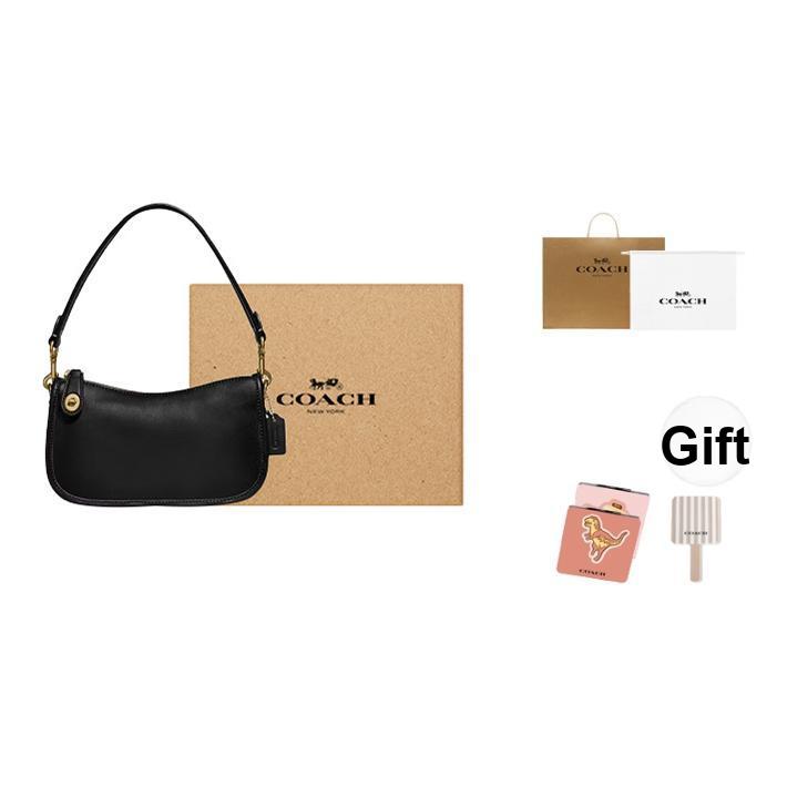 Coach Swinger 20 Unifarbene Reißverschluss Leder Mahjong Tasche Schultertasche Kleine Damen Tasche Schwarz C2643-B4BK
