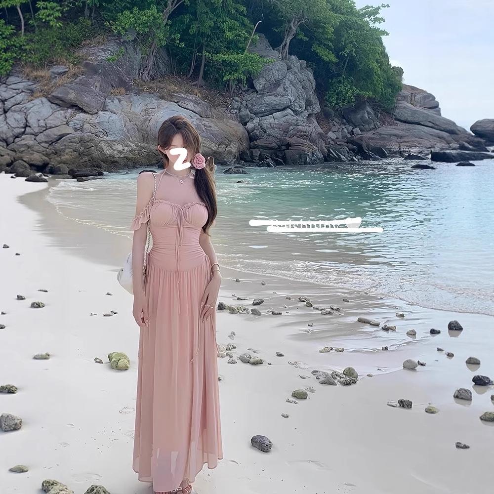 French seaside vacation style temperament waist long dress mesh design sense thin gentle square neck mint dress
