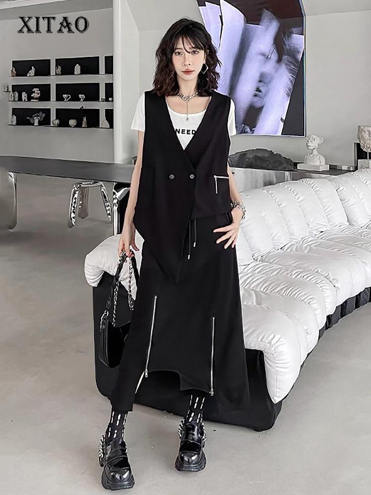 

XITAO Асимметричные женские комплекты, черная юбка на молнии, жилет, комплекты из двух предметов HJH62271 L чёрный