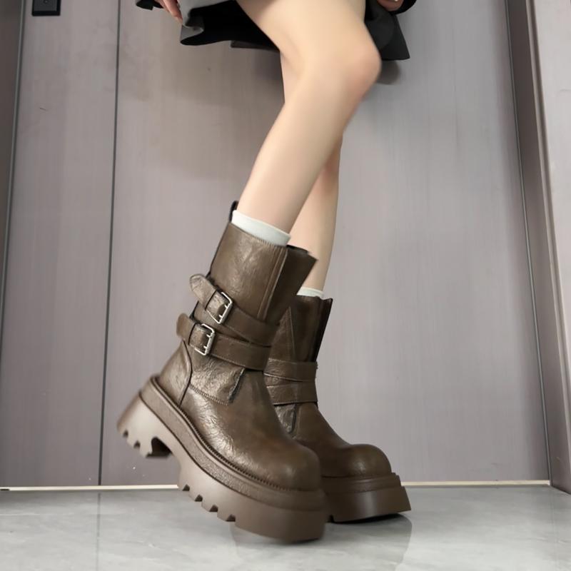 Vintage Platform Thick Heel Women Knight Boots Fashion Belt Buckle Height Increase Shoes Winter Punk Style Women'S Short Booties
