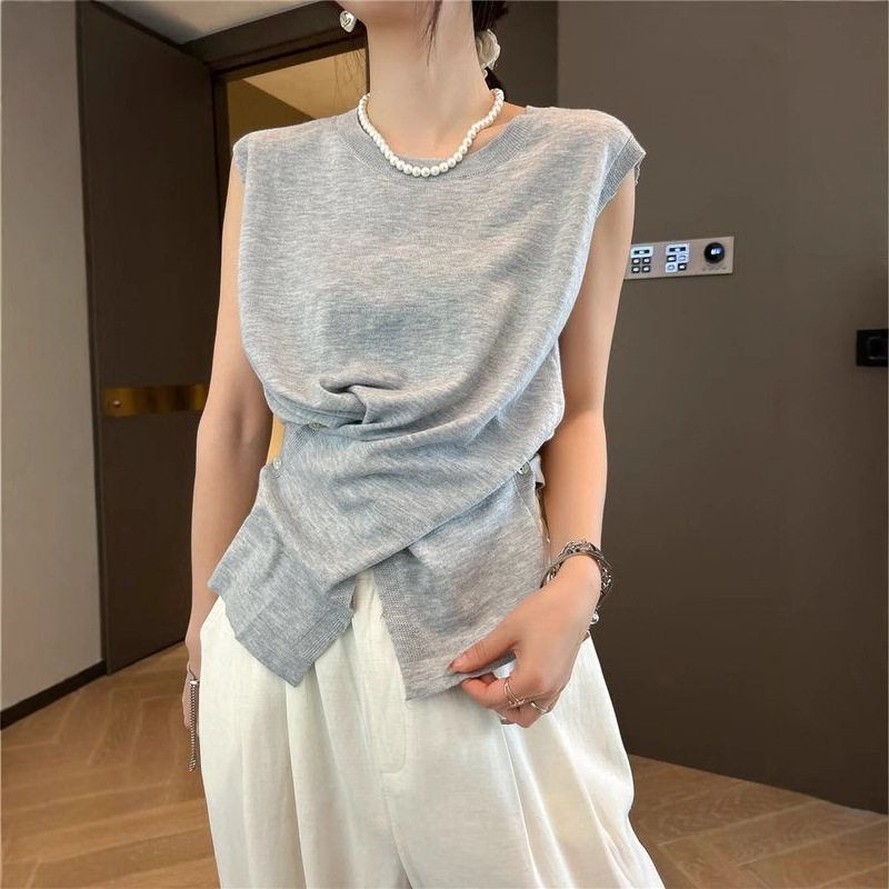 French-Style Elegant Design Pleated Waist-Cinching Sleeveless Knit T-Shirt for Women, 2025 Autumn New Versatile Slim-Fit Top