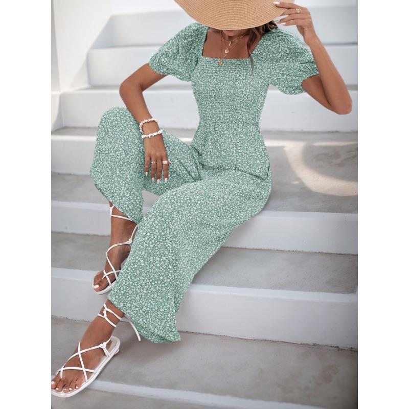 VEZFAA Women's Fashion Casual Summer Spring Short Sleeve Square Collar High Waist Trousers Jumpsuits & Rompers