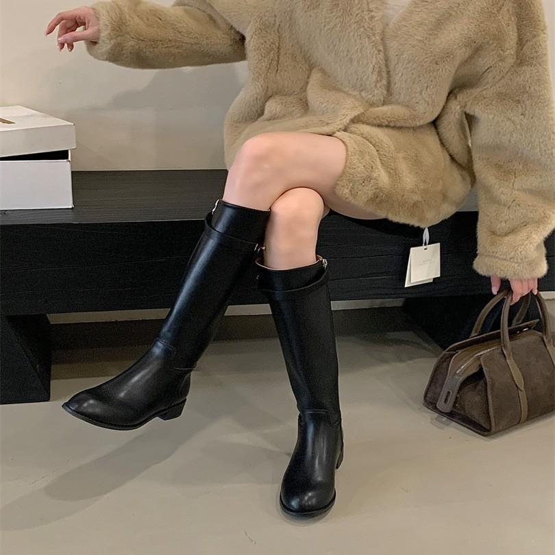 Silver buckle knight boots women's straight boots autumn and winter new solid color round head mid-heel sleeves knee-high boots