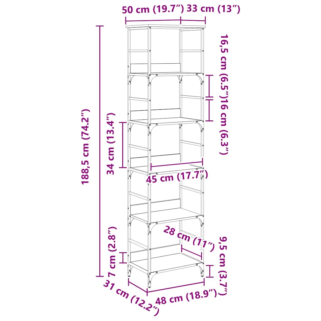 Bookshelf 5 Tiers 50 x 33 x 188.5 cm Engineered Wood Reclaimed Wood