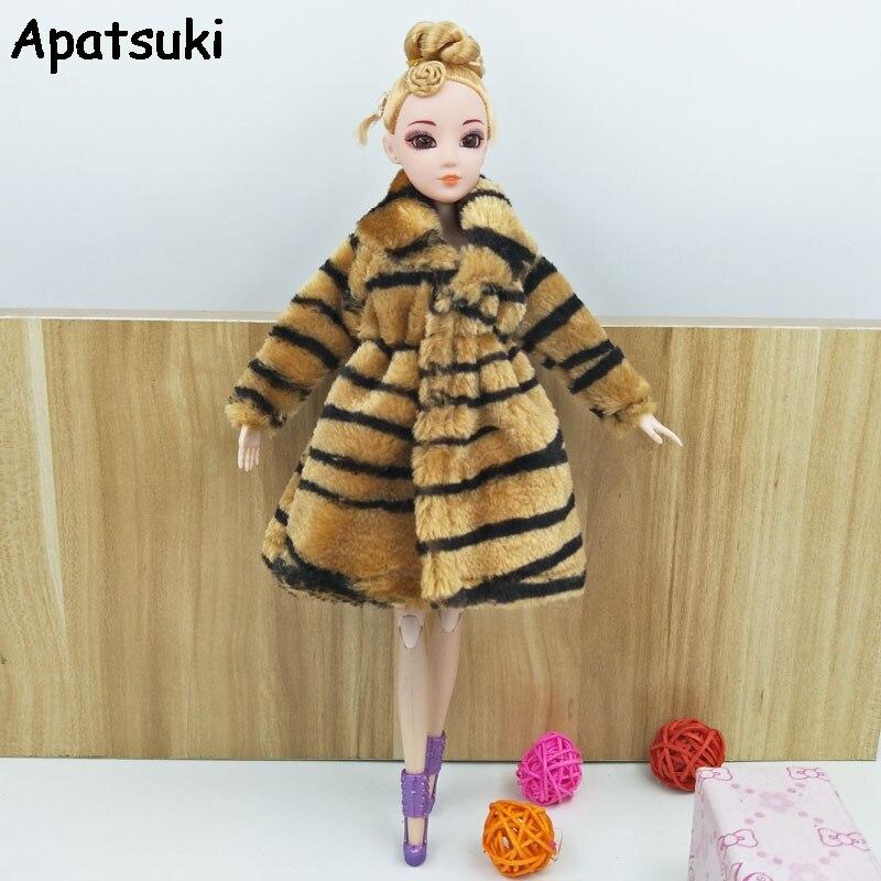 Kids Toy Doll Accessories Winter Warm Wear Pink Fur Coat Mini Clothes Dress For Barbie Dolls Fur Doll Clothing With Waist Belt