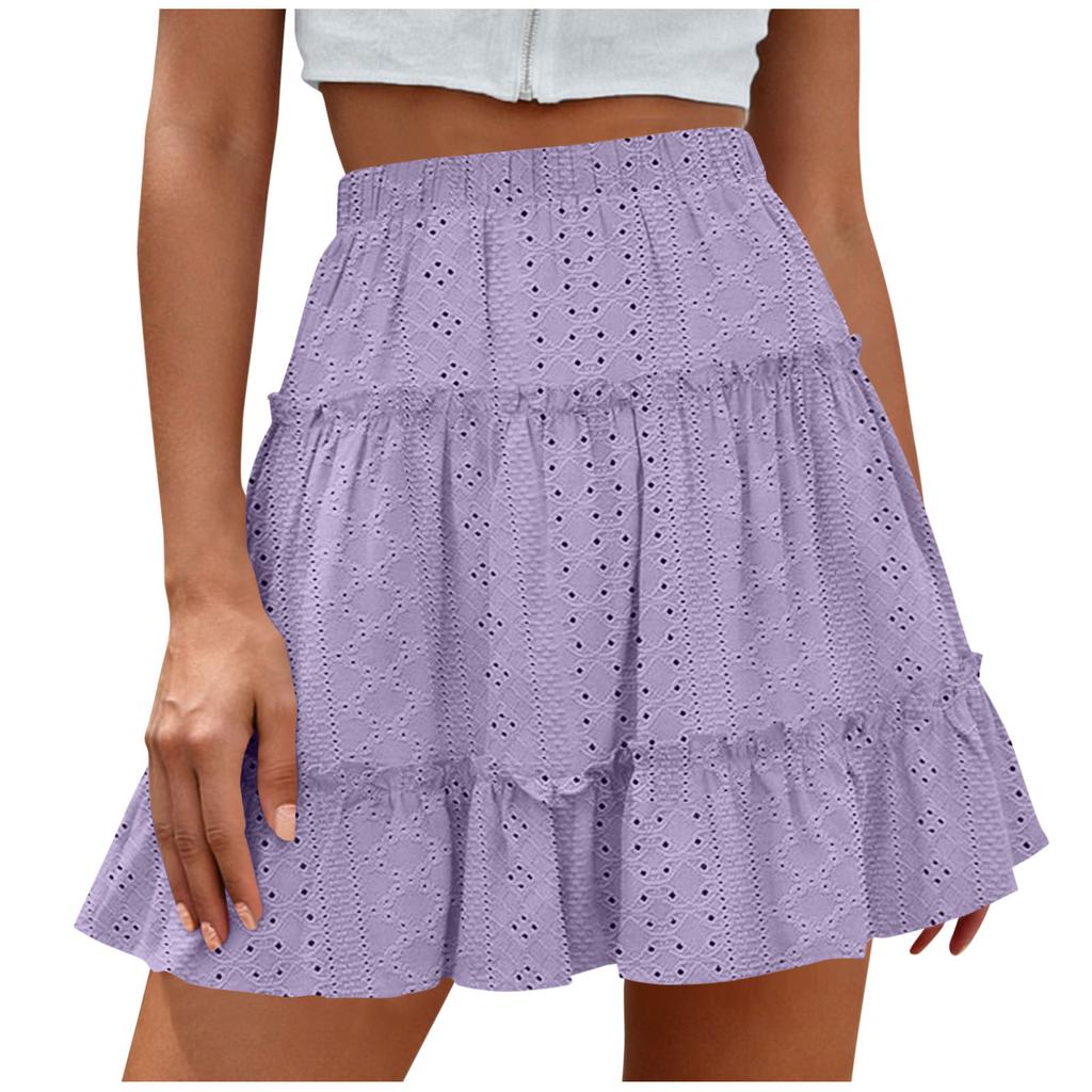 Women’s High Waist Tiered Mini Skirt with Elastic Waistband and Eyelet Embroidery Flared A-Line Design for Casual Wear