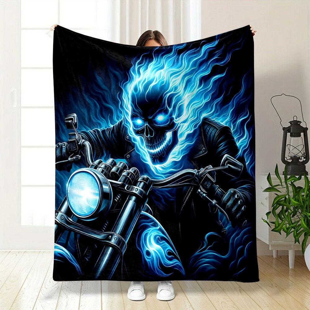 Flaming Skull Rider on Motorcycle print blanket soft and cozy perfect for the living room bed sofa or a nap,gift