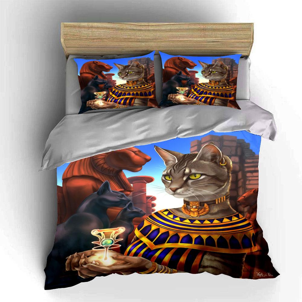 3Pcs Egyptian Bastet Cat Goddess Bedding Set, Ancient Egypt Pharaoh Cat Print Duvet Cover, Duvet Cover + 2 Pillowcases, Gifts