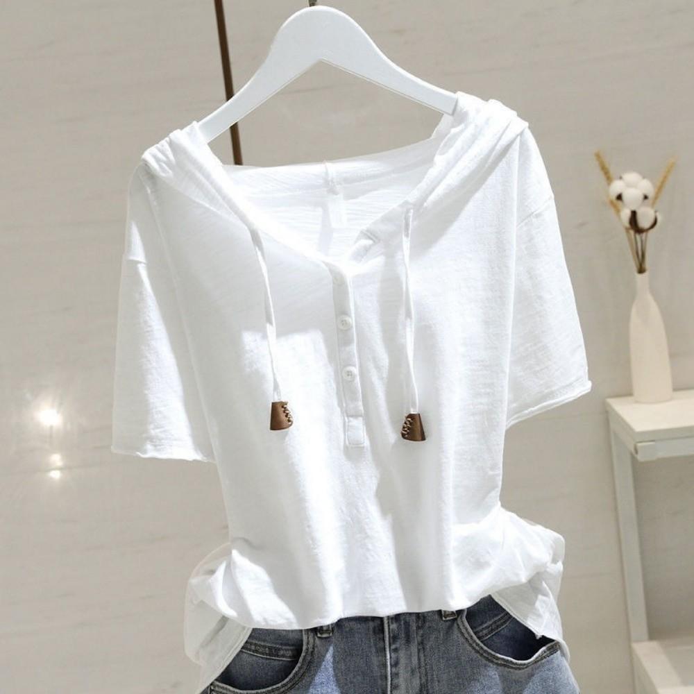 Thin Henley Shirt Hoodie Loose Fit Pullover Tops Fashion Hooded Short Sleeve T-Shirt Women