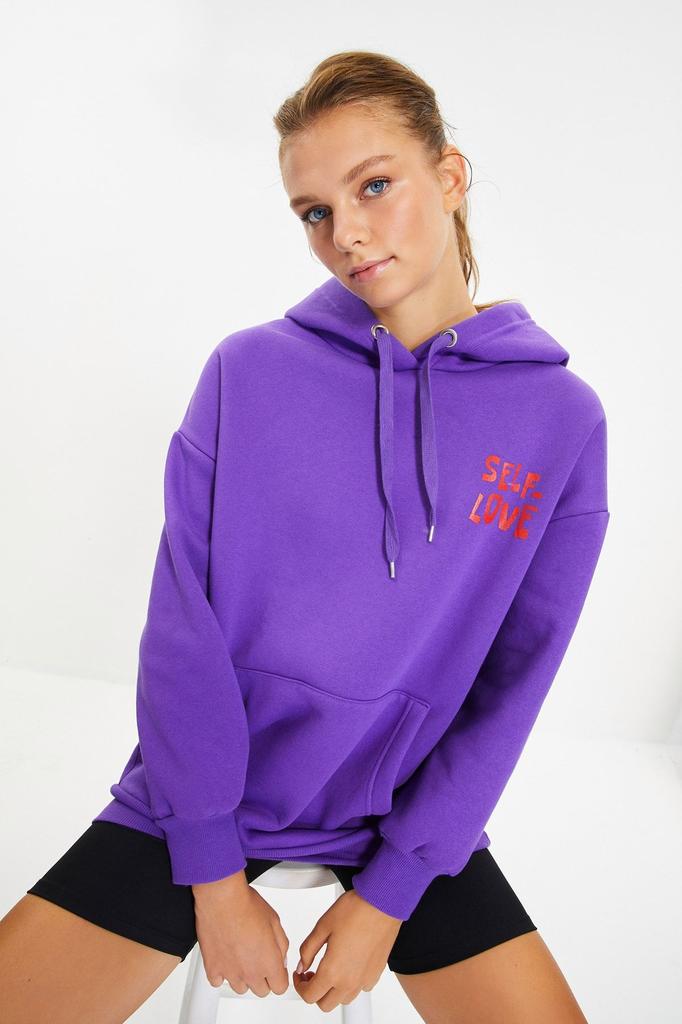 Women's Fashionable Stylish Sweatshirt Stone Back Print Detailed Oversize Wide Fit Thick Inside Fleece Knitted Sweatshirt