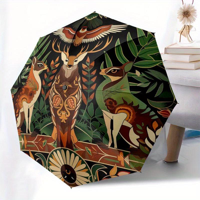 Nature's Harmony: Circular Art Print with Wildlife Motifs Umbrella, Cute Umbrella with Cute Design, Portable 3-Fold Compact Umbrella for Men & Women,