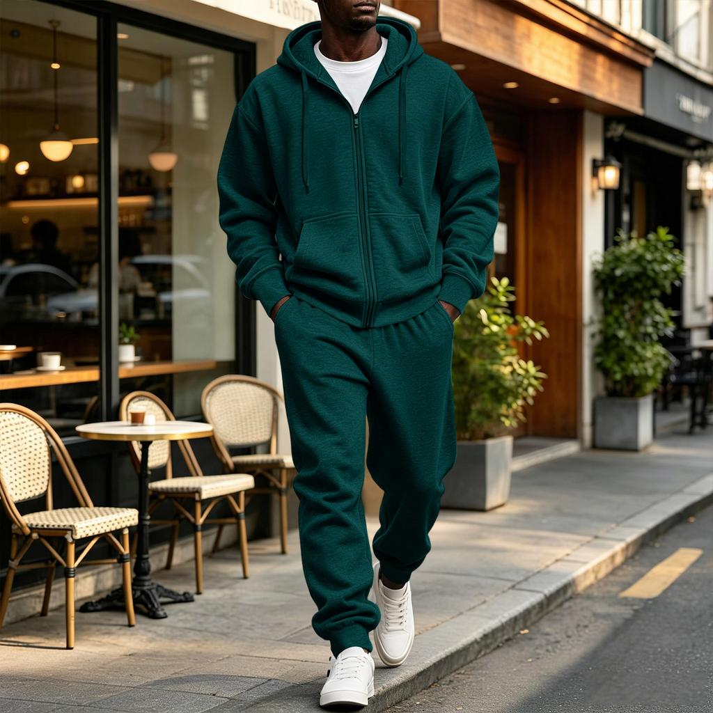 Completo con felpa con cappuccio e zip a contrasto e pantaloni della tuta con coulisse da uomo