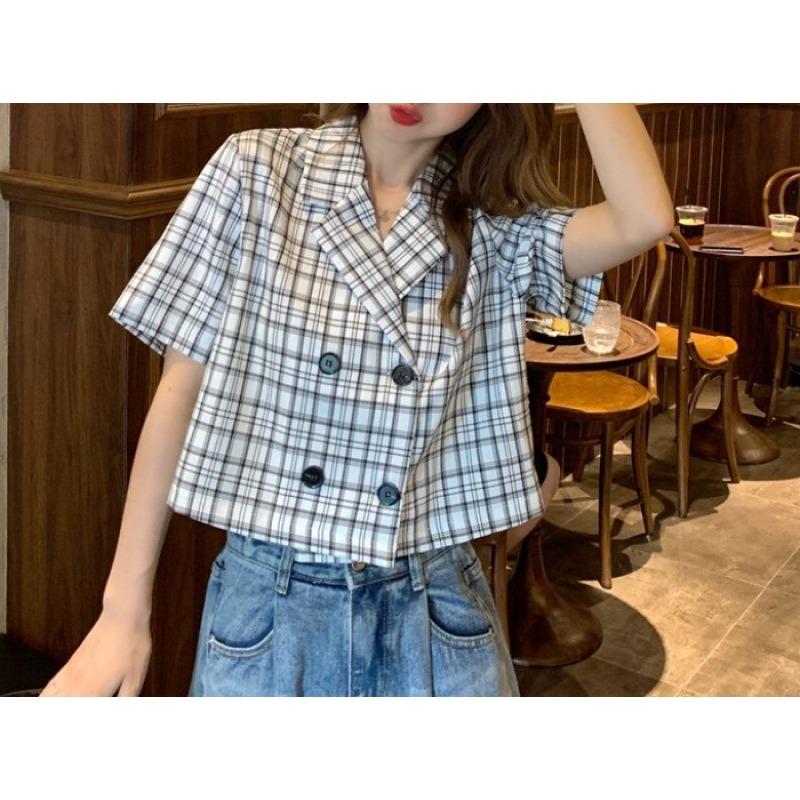 Plaid Suit Collar Short-sleeved Shirt Small Jacket Korean Style Temperament Short Slim Top Women's Trend