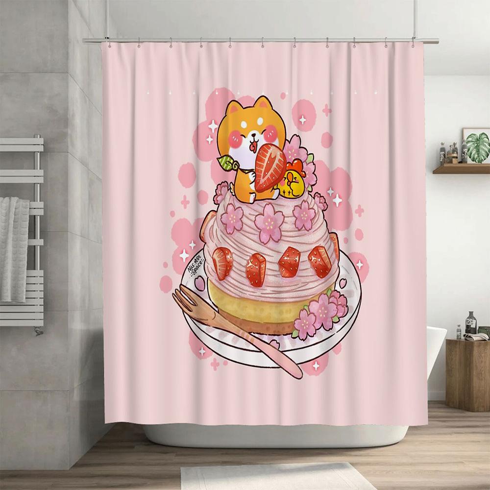 Cute Strawberry Cake Bathroom Curtain Japanese Kawaii Dessert Home Decor Shower Curtain Vanlife Dorm Room Aesthetic Gift