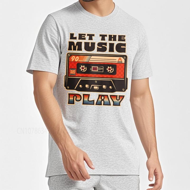Black summer  t shirt Let The Music Play Cassette Tape Design Short Sleeve Workout ONeck Tee shirt cotton teeshirt