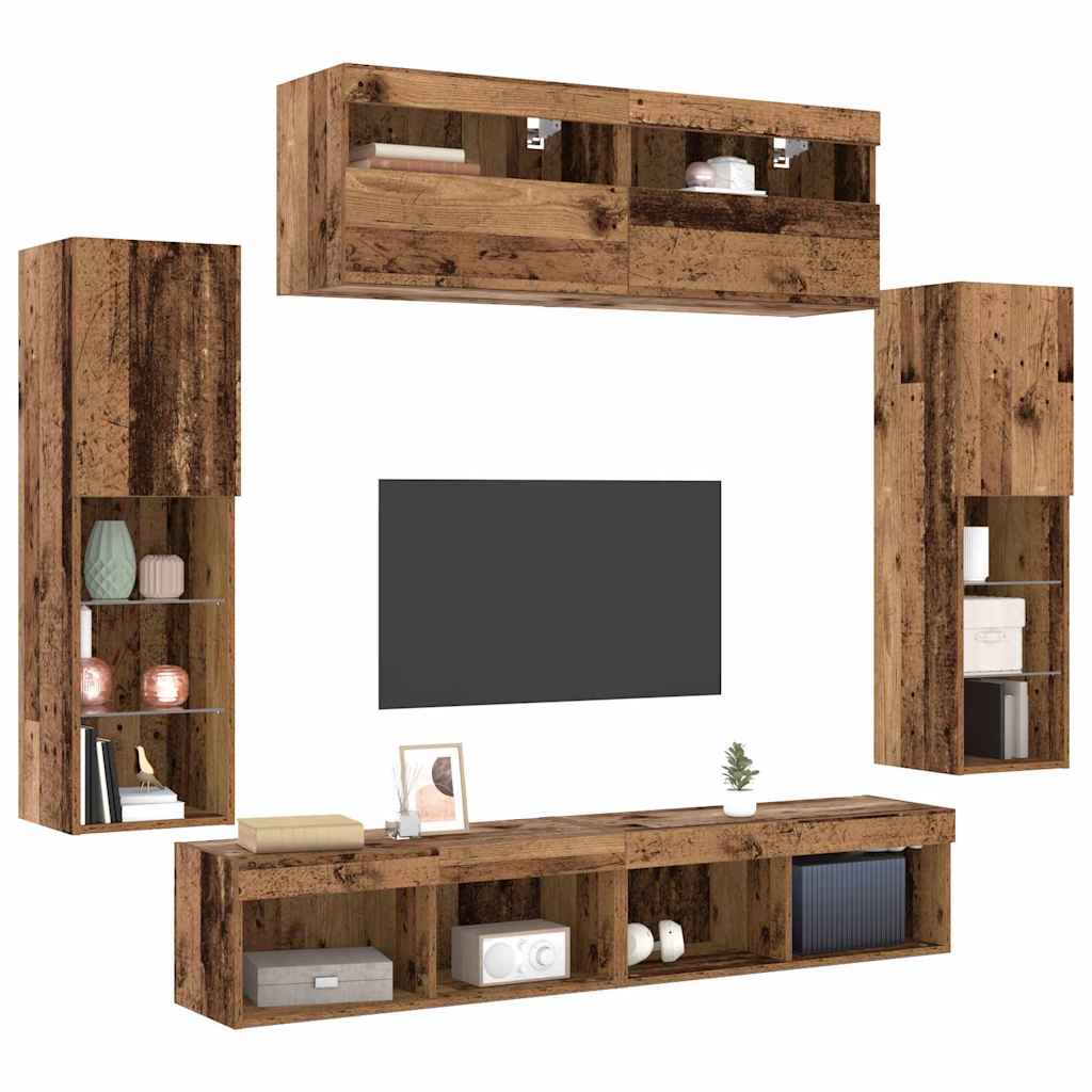 TV Cabinet Set with LED Light Strips 6 pcs Reclaimed Wood Effect Particleboard