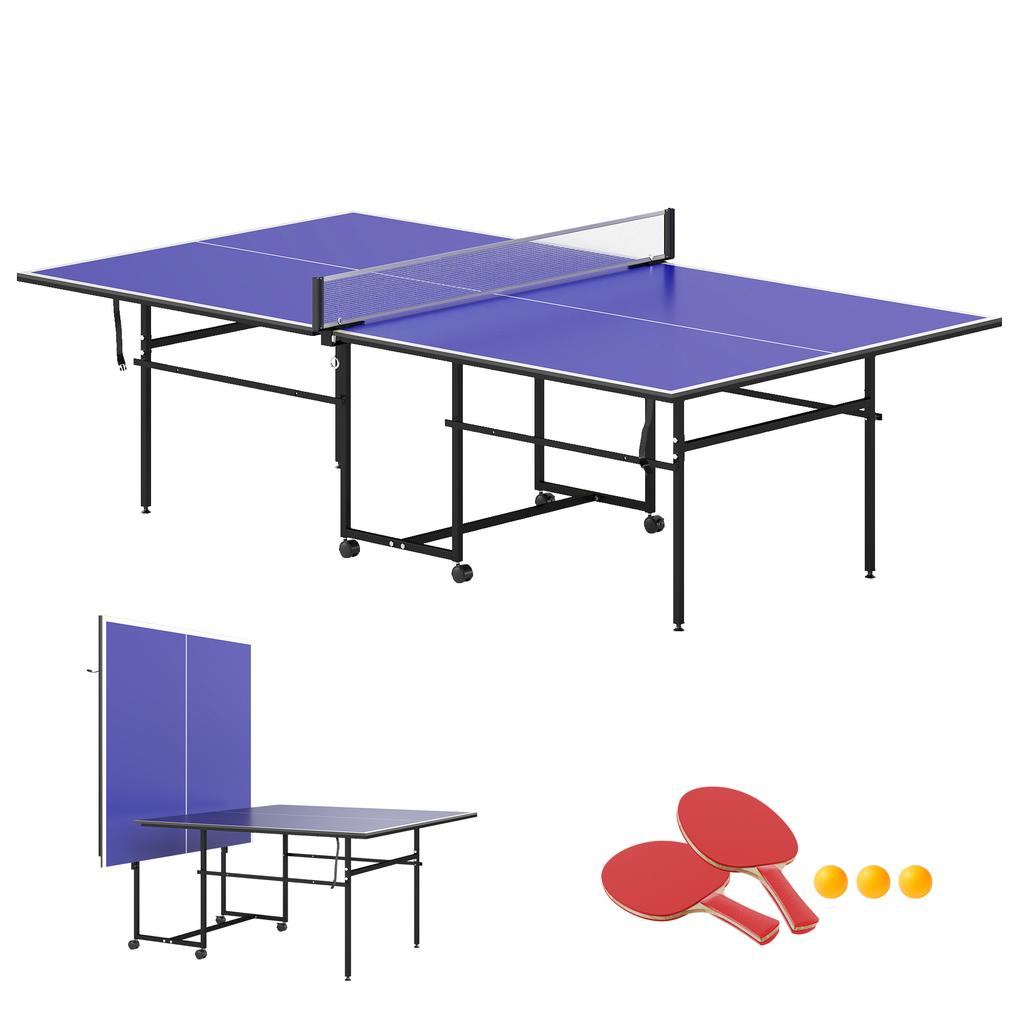 9FT Folding Table Tennis Table with Four Wheels, for Indoor Use, Blue