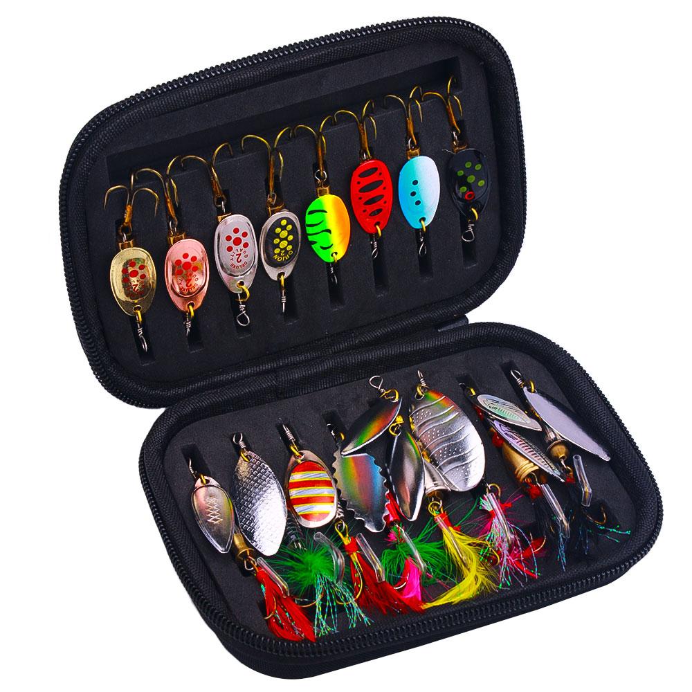 16PCS drehbarer Spinnerbait Metalllöffel Spinner Angelköder Hartköder mit Feder Drillingen mit Tasche Spinnerbait Tackle