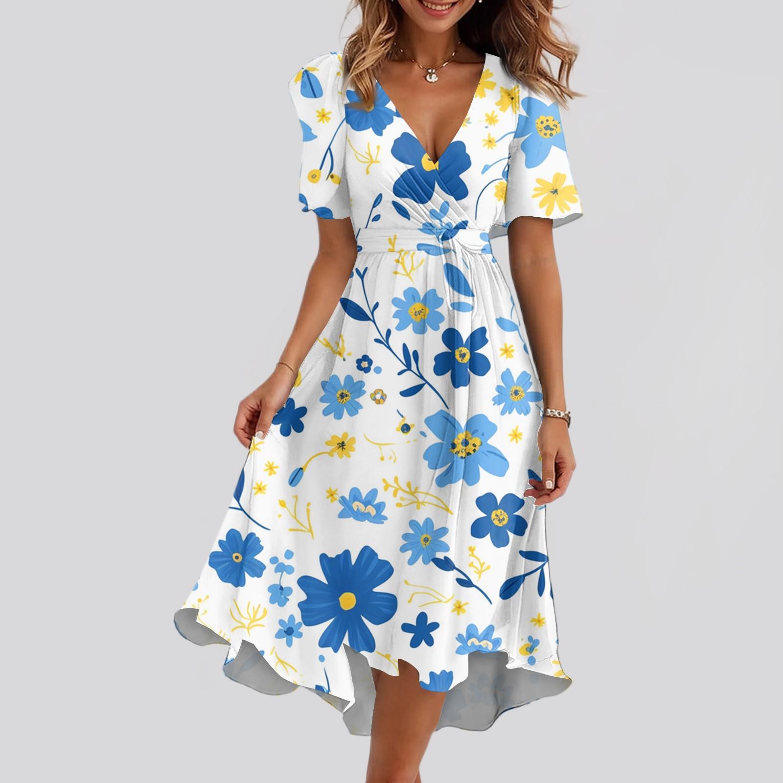 

Женское свободное повседневное платье с V-образным вырезом, расклешенная юбка, короткие рукава, напечатанное платье с принтом XL