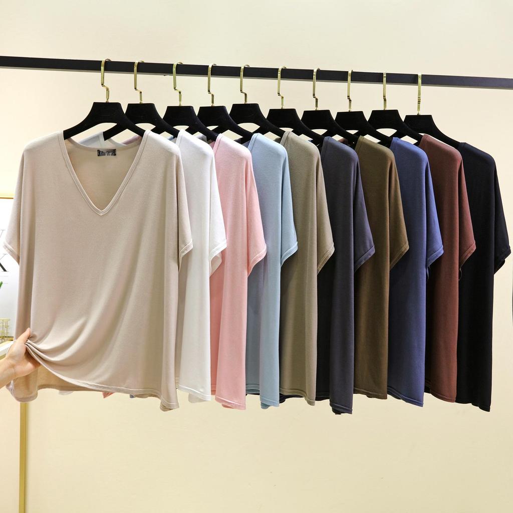 Women's Solid Color V-Neck Cotton Modal Short Sleeve Loose Top