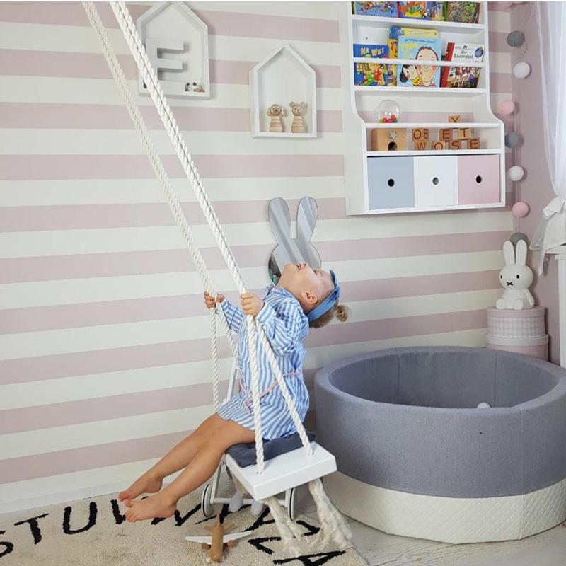 INS Style Kids Swing Chair: Solid Wood Seat with Cushion & Cotton Rope - Perfect for Bedroom Decoration & Baby Entertainment.