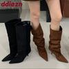 Fashion Fashion Pointed Toe Party Modern Ladies Knee High Boots Female Thin Heels Shoes Flock Women Long Boots Slip On Shoes Pumps lady