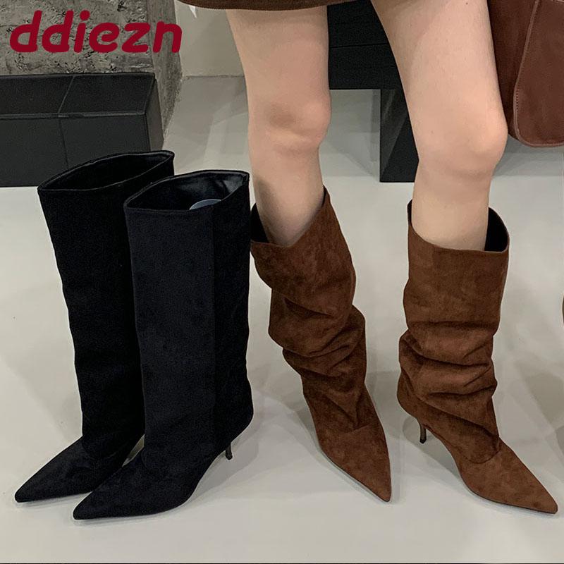 Fashion Fashion Pointed Toe Party Modern Ladies Knee High Boots Female Thin Heels Shoes Flock Women Long Boots Slip On Shoes Pumps lady