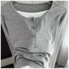 Fake Two-Piece Long Sleeve T-Shirt Loose Slim Base Top For Early Autumn Stretchy Slim Base Layer Soft Ribbed Fabric Good For Inner And Outer Wear Top