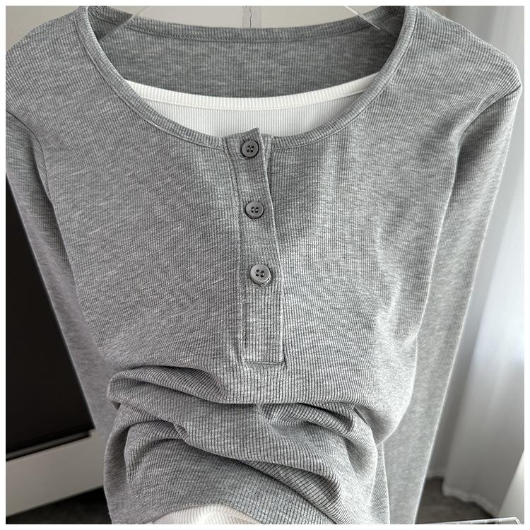 Fake Two-Piece Long Sleeve T-Shirt Loose Slim Base Top For Early Autumn Stretchy Slim Base Layer Soft Ribbed Fabric Good For Inner And Outer Wear Top
