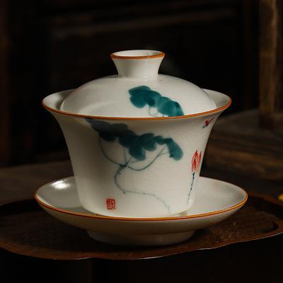 Ceramic Hand-Painted Gaiwan Ivory White Ru Porcelain Can Be Raised and Cracked Tea Brewing Three-Talent Bowl Glaze Color Kung Fu