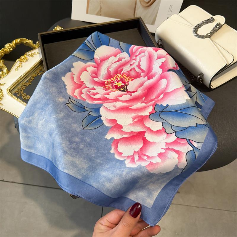 Luxury Temperament Rose Scarf, Spring and Autumn Women's Neck Protection, Scarf, Sunscreen Shawl, New Imitation Silk 71cm Square Scarf